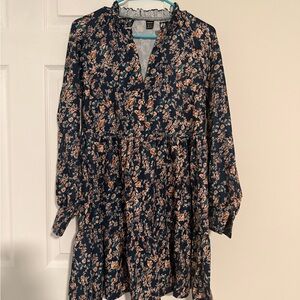 SHEIN Floral Long Sleeve Dress - Navy and Peach